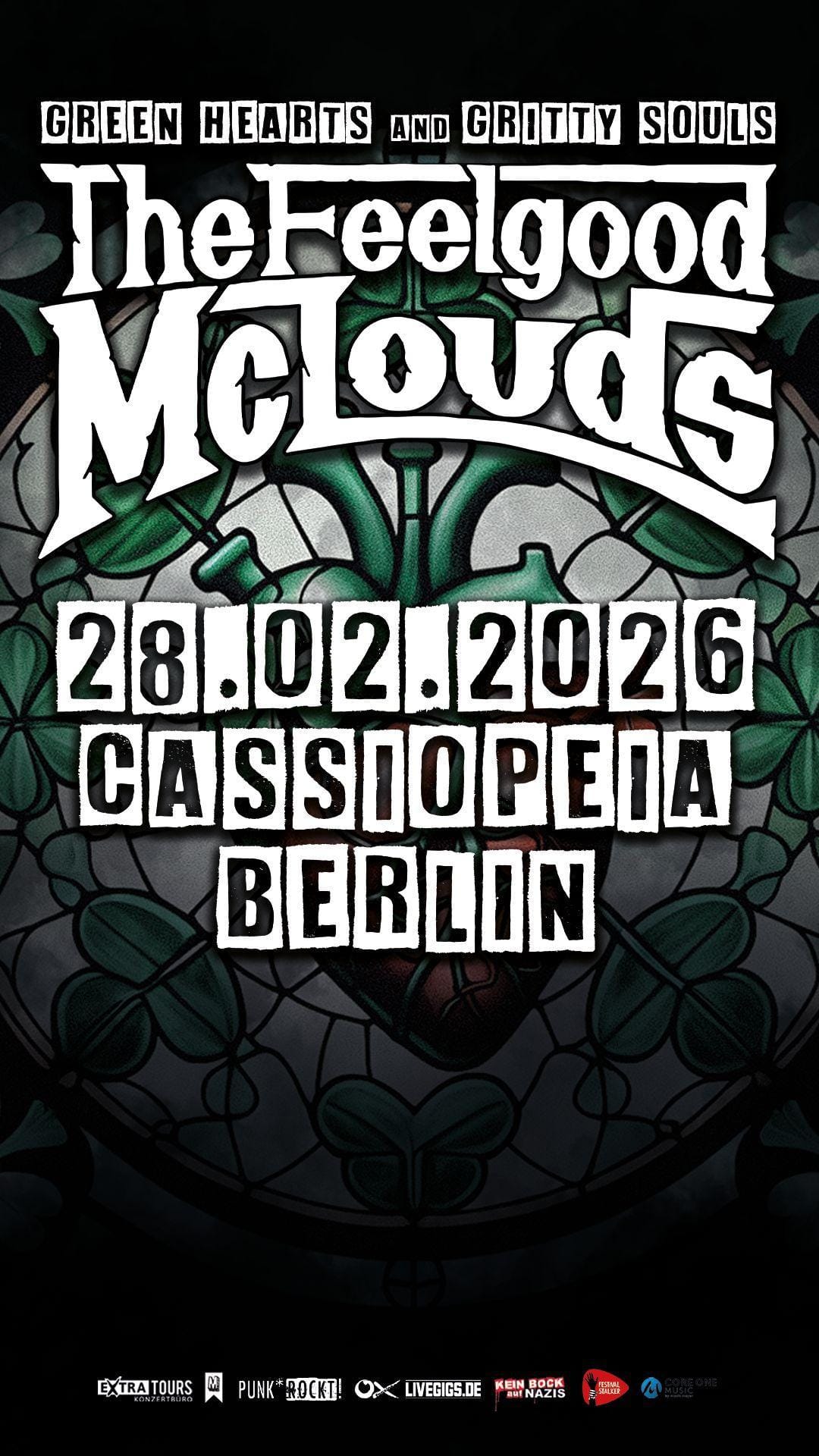 Plakat zur "Green Hearts & Gritty Souls 2026" Tour von The Feelgood McLouds am 28. Februar 2026 im Cassiopeia Club Berlin